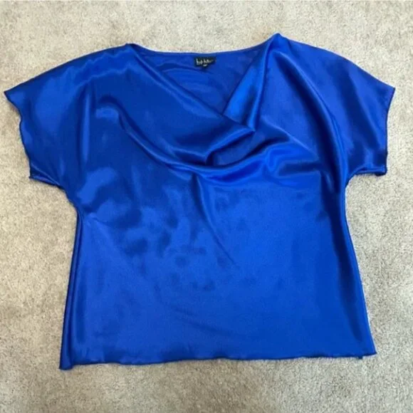 Nicole Miller Royal cobalt blue satin short sleeve draped cowl neck blouse, Sz M - Picture 3 of 6
